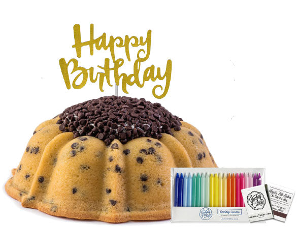 Chocolate chip birthday cake. Paired with a metalic gold happy birthday cake topper; package of rainbow birthday candles (20 count) and a matchbook (20 count).