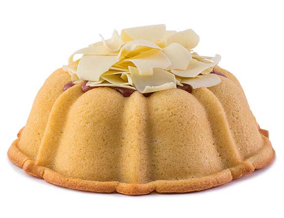 Vanilla pound cake in the shape of a bundt filled with raspberry curd and topped with white chocolate shavings. Serves 12. Featured in Oprah's Favorite Things. Packaged in our signature yellow and white striped gift box with a blue bow. 