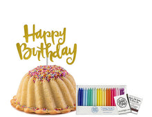 Load image into Gallery viewer, Birthday cake. Paired with a mettalic gold happy birthday cake topper; package of rainbow birthday candles (20 count) and a matchbook (20 count).