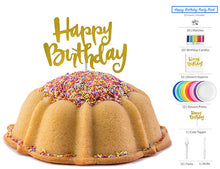 Load image into Gallery viewer, Sprinkle Cake. Paried with a &#39;Happy Birthday Party Pack - 12 count&#39; that includes:  a package of rainbow birthday candles (20 count); a matchbook (20 count); a metalic gold happy birthday cake topper; Happy Birthday dessert napkins (12 count); dessert paper plates (12 count. In white, purple, baby pink, candy pink, magenta pink, orange, mimosa yellow, school bus yellow, mint green, teal, baby blue and cobalt blue); forks (12 count); and a knife.