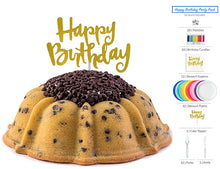 Load image into Gallery viewer, Chiper Jane pound cake in the shape of a bundt cake. Paried with a &#39;Happy Birthday Party Pack - 12 count&#39; that includes:  a package of rainbow birthday candles (20 count); a matchbook (20 count); a metalic gold happy birthday cake topper; Happy Birthday dessert napkins (12 count); dessert paper plates (12 count. In white, purple, baby pink, candy pink, magenta pink, orange, mimosa yellow, school bus yellow, mint green, teal, baby blue and cobalt blue); forks (12 count); and a knife.