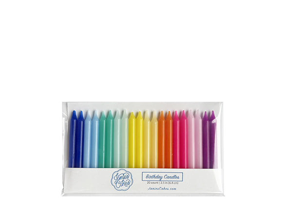 Birthday candles in a rainbow of colors. Add a pop of color to your birthday celebration and make a wish. Colors include: cobalt blue, baby blue, teal, mint, school bus yellow, mimosa yellow, orange, magenta pink, baby pink, and purple. Product dimensions: 2.5 inches (H)