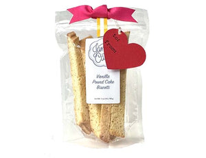 biscotti Gift packaged with a hot pink bow and a red heart gift tag for Valentine's Day