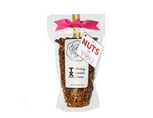 Load image into Gallery viewer, Janie&#39;s Cakes delicious whiskey toasted pecans by the resealable pouch. Lightly candied pecans for your Valentine with a I am nuts about you gift tag.
