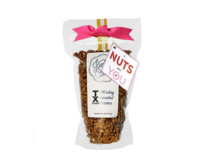 Janie's Cakes delicious whiskey toasted pecans by the resealable pouch. Lightly candied pecans for your Valentine with a I am nuts about you gift tag.