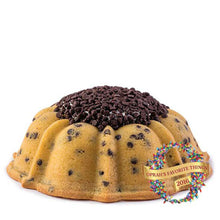 Load image into Gallery viewer, Chocolate chip pound in the shape of a bundt filled with vanilla buttercream and topped with chocolate chips. Serves 12. Oprah&#39;s Favorite Things 2016. Packaged in our signature yellow and white striped gift box with a blue bow.