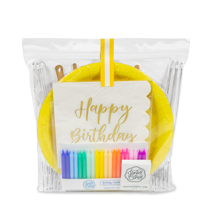 birthday party supply packages include birthday candles, matches, happy birthday napkins, happy birthday cake topper, plates, forkls, and  a knife.