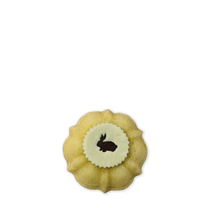 Chocolate brown Easter Bunny Medallion Petite Jane! Vanilla pound cake filled with vanilla buttercream topped with white chocolate Easter bunny medallions.
