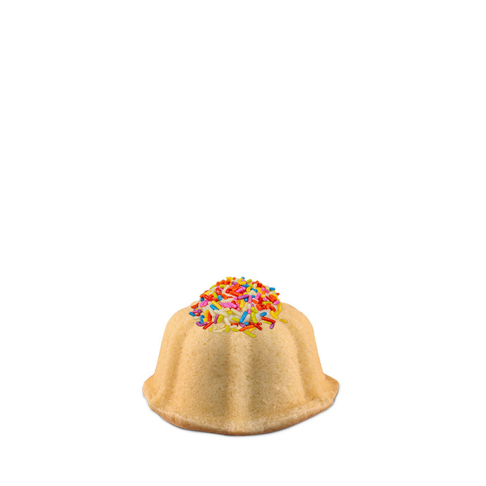 Confetti pound cake in the shape of a bundt cake. Perfect as an personal sized birthday cake.