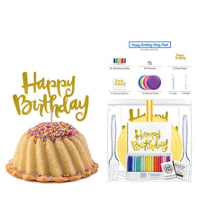 Load image into Gallery viewer, Confetti birthday cake. Paired with a A Happy Birthday Party Pack - 6 count Includes:  a package of rainbow birthday candles (20 count); a matchbook (20 count); a metalic gold happy birthday cake topper; Happy Birthday dessert napkins (6 count); dessert paper plates (6 count. In purple, candy pink, magenta pink, mimosa yellow, mint green, and cobalt blue); forks (6 count); and a knife..