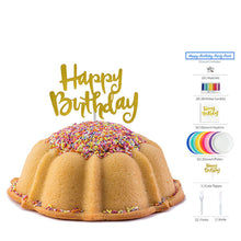 Load image into Gallery viewer, Sprinkle Cake. Paried with a &#39;Happy Birthday Party Pack - 12 count&#39; that includes:  a package of rainbow birthday candles (20 count); a matchbook (20 count); a metalic gold happy birthday cake topper; Happy Birthday dessert napkins (12 count); dessert paper plates (12 count. In white, purple, baby pink, candy pink, magenta pink, orange, mimosa yellow, school bus yellow, mint green, teal, baby blue and cobalt blue); forks (12 count); and a knife.