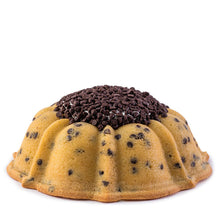 Load image into Gallery viewer, Chocolate chip pound in the shape of a bundt filled with vanilla buttercream and topped with chocolate chips. Serves 12. Oprah&#39;s Favorite Things. Packaged in our signature yellow and white striped gift box with a blue bow.