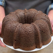 Load image into Gallery viewer, Chocolate TX Bourbon Whiskey Lane Jane pound cake in the shape of a bundt finished off with a whiskey glaze. Serves 12. Packaged in our signature yellow and white striped gift box with a blue bow.