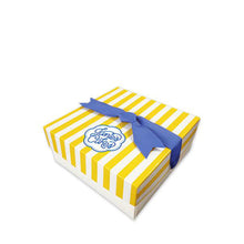 Load image into Gallery viewer, Every Janie&#39;s Cakes comes packaged in our signature yellow and white striped gift box with a blue bow.