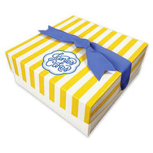 Load image into Gallery viewer, Every Janie&#39;s Cakes comes packaged in our signature yellow and white striped gift box with a blue bow.