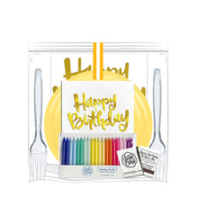 Load image into Gallery viewer, &#39;Happy Birthday Party Pack - 12 count&#39; that includes:  a package of rainbow birthday candles (20 count); a matchbook (20 count); a metalic gold happy birthday cake topper; Happy Birthday dessert napkins (12 count); dessert paper plates (12 count. In white, purple, baby pink, candy pink, magenta pink, orange, mimosa yellow, school bus yellow, mint green, teal, baby blue and cobalt blue); forks (12 count); and a knife.