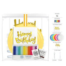 Load image into Gallery viewer, &#39;Happy Birthday Party Pack - 12 count&#39; that includes:  a package of rainbow birthday candles (20 count); a matchbook (20 count); a metalic gold happy birthday cake topper; Happy Birthday dessert napkins (12 count); dessert paper plates (12 count. In white, purple, baby pink, candy pink, magenta pink, orange, mimosa yellow, school bus yellow, mint green, teal, baby blue and cobalt blue); forks (12 count); and a knife.