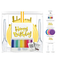 Load image into Gallery viewer, A Happy Birthday Party Pack - 6 count Includes:  a package of rainbow birthday candles (20 count); a matchbook (20 count); a metalic gold happy birthday cake topper; Happy Birthday dessert napkins (6 count); dessert paper plates (6 count. In purple, candy pink, magenta pink, mimosa yellow, mint green, and cobalt blue); forks (6 count); and a knife..