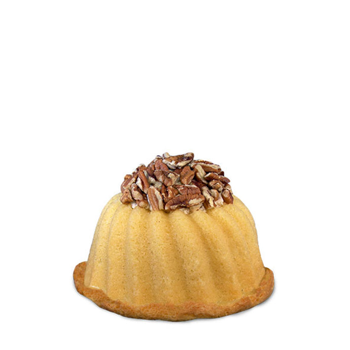 Vanilla pound cake in the shape of a bundt filled with Italian buttercream and topped with toasted pecans. Serves 6. Packaged in our signature yellow and white striped gift box with a blue bow.