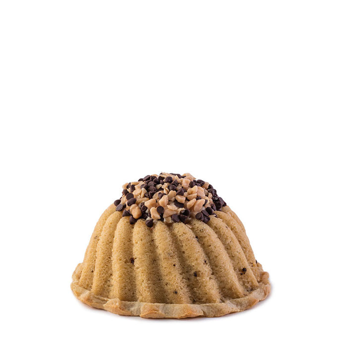 Coffee pound cake in the shape of a bundt filled with coffee toffee buttercream and topped with chocolate chips and toffee. Serves 6. Packaged in our signature yellow and white striped gift box with a blue bow.