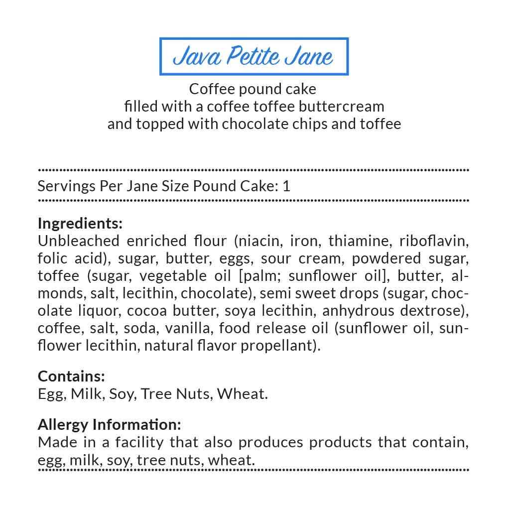 Java House Cake Menu Java Petite Jane | Janie's Cakes