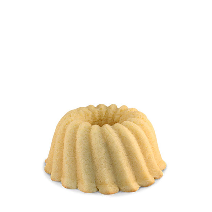 Gluten Free Vanilla pound cake in the shape of a bundt. Serves 6. Packaged in our signature yellow and white striped gift box with a blue bow.