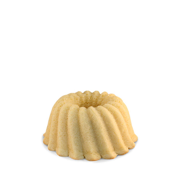 Vanilla pound cake in the shape of a bundt. Serves 6. Packaged in our signature yellow and white striped gift box with a blue bow.