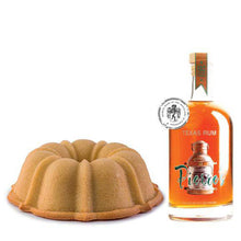 Load image into Gallery viewer, Vanilla pound cake in the shape of a bundt infused with Pierre&#39;s Texas Rum by Kiepersol and topped with a rum glaze. Serves 12. Packaged in our signature yellow and white striped gift box with a blue bow.