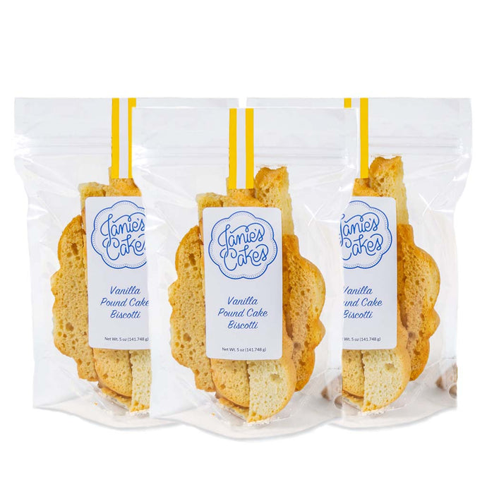 Three packages of Janie's Cakes Vanilla Pound Cake Biscotti. The perfect cookie to pair with your favorite coffee.