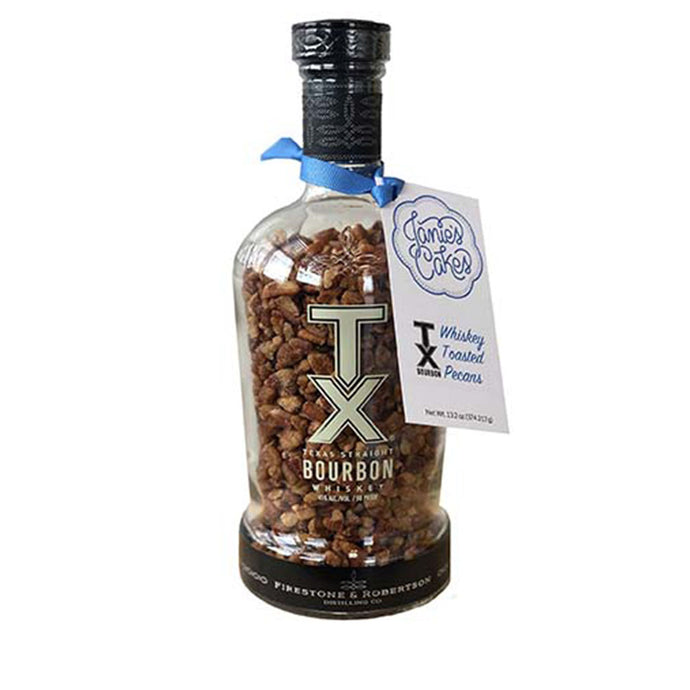 Delicious whiskey toasted pecans in a repurposed whiskey bottle. Janie's TX Bourbon whiskey toasted pecans are featured in our TX Bourbon Whiskey Lane Jane pound cake.