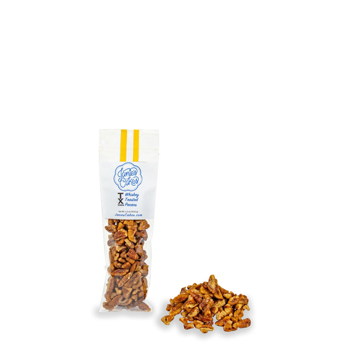 whiskey candied pecans in a snack size bag