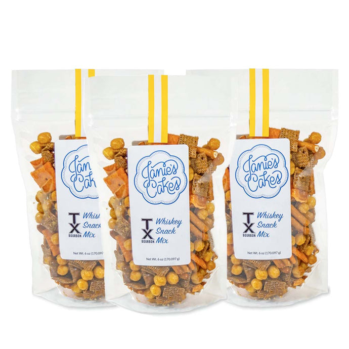 Three bags of 'TX Whiskey Snack Mix' 