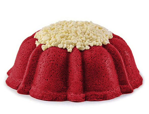 red velvet jane size pound cake in the shape of a bundt cake