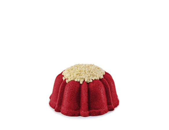red velvet petite jane size pound cake in the shape of a bundt cake