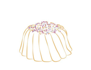 Vanilla pound cake in the shape of a bundt filled with vanilla buttercream and topped with all natural sprinkles. Serves 6. Packaged in our signature yellow and white striped gift box with a blue bow.
