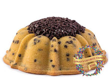 Load image into Gallery viewer, Chocolate chip pound in the shape of a bundt filled with vanilla buttercream and topped with chocolate chips. Serves 12. Oprah&#39;s Favorite Things. Packaged in our signature yellow and white striped gift box with a blue bow.