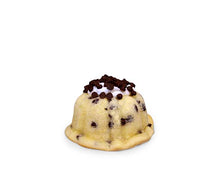 Load image into Gallery viewer, Chocolate chip pound in the shape of a bundt filled with vanilla buttercream and topped with chocolate chips. Serves 1-2. Each Janie&#39;s Cake Petite size pound cake is packaged in a clear container with a Janie&#39;s logo sticker and yellow and white striped closure sticker.