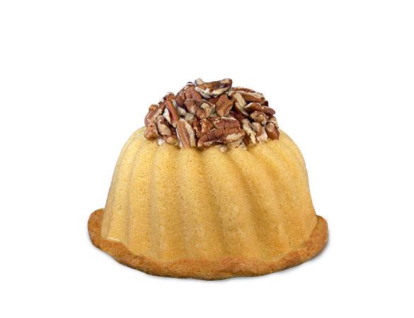 Vanilla pound cake in the shape of a bundt filled with Italian buttercream and topped with toasted pecans. Serves 6. Packaged in our signature yellow and white striped gift box with a blue bow.