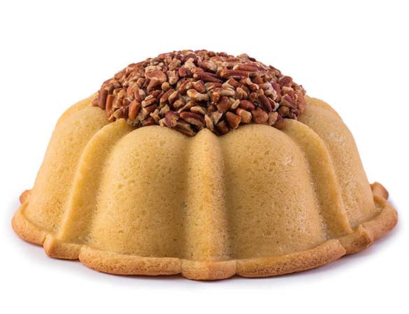 Vanilla pound cake in the shape of a bundt cake filled with Italian buttercream and topped with toasted pecans. Serves 12. Featured in Oprah's Favorite Things. Packaged in our signature yellow and white striped gift box with a blue bow.