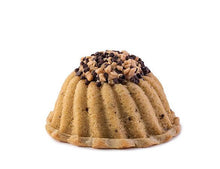 Load image into Gallery viewer, Coffee pound cake in the shape of a bundt filled with coffee toffee buttercream and topped with chocolate chips and toffee. Serves 6. Packaged in our signature yellow and white striped gift box with a blue bow.