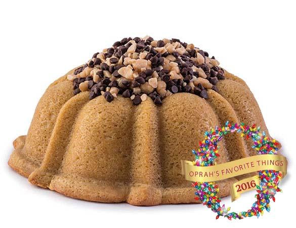Coffee pound cake in the shape of a bundt filled with coffee toffee buttercream and topped with chocolate chips and toffee. Serves 12. Oprah's Favorite Things. Packaged in our signature yellow and white striped gift box with a blue bow.