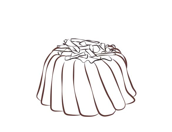 A slice of chocolate pound cake in the shape of a bundt filled with chocolate sauce and topped with chocolate shavings. Serves 6. Packaged in our signature yellow and white striped gift box with a blue bow.