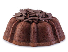 Load image into Gallery viewer, Chocolate pound cake in the shape of a bundt filled with chocolate sauce and topped with chocolate shavings. Serves 12. Featured in Oprah&#39;s Favorite Things. Packaged in our signature yellow and white striped gift box with a blue bow.