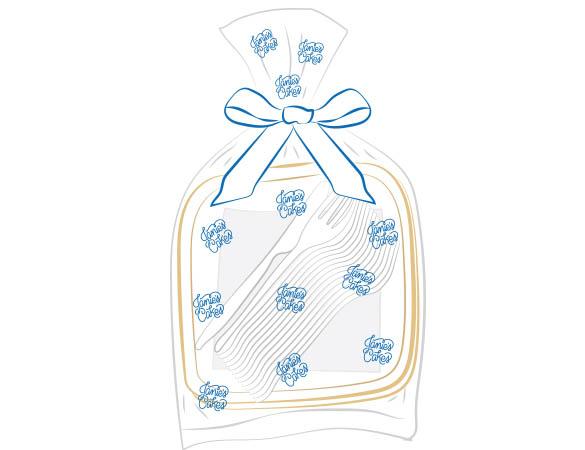 A large birthday party pack includes: 15 White Party Plates. 15 White Napkins. 15 Clear Plastic Forks. 1 Clear Plastic Knife. Packaged in a Janie's Cakes logo printed cellophane bag