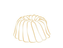 Load image into Gallery viewer, Gluten Free Vanilla pound cake in the shape of a bundt. Serves 6. Packaged in our signature yellow and white striped gift box with a blue bow.