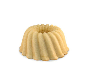 Gluten Free Vanilla pound cake in the shape of a bundt. Serves 6. Packaged in our signature yellow and white striped gift box with a blue bow.