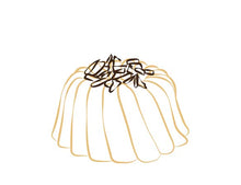 Load image into Gallery viewer, Vanilla pound cake in the shape of a bundt filled with chocolate sauce and topped with chocolate shavings. Serves 6. Packaged in our signature yellow and white striped gift box with a blue bow.