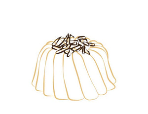 Vanilla pound cake in the shape of a bundt filled with chocolate sauce and topped with chocolate shavings. Serves 6. Packaged in our signature yellow and white striped gift box with a blue bow.