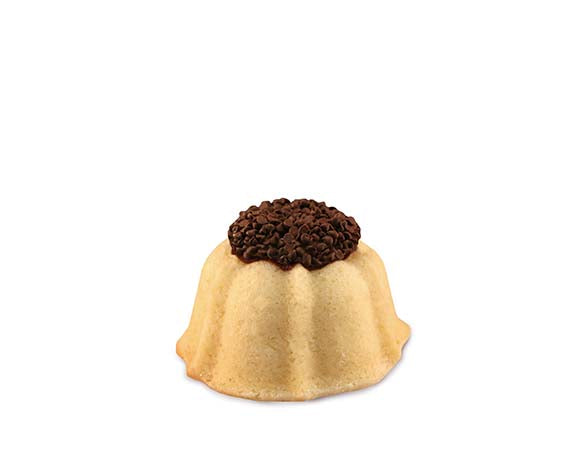 Vanilla pound cake in the shape of a bundt filled with chocolate sauce and topped with chocolate shavings. Serves 1-2. Each Janie's Cake Petite size pound cake is packaged in a clear container with a Janie's logo sticker and yellow and white striped closure sticker.